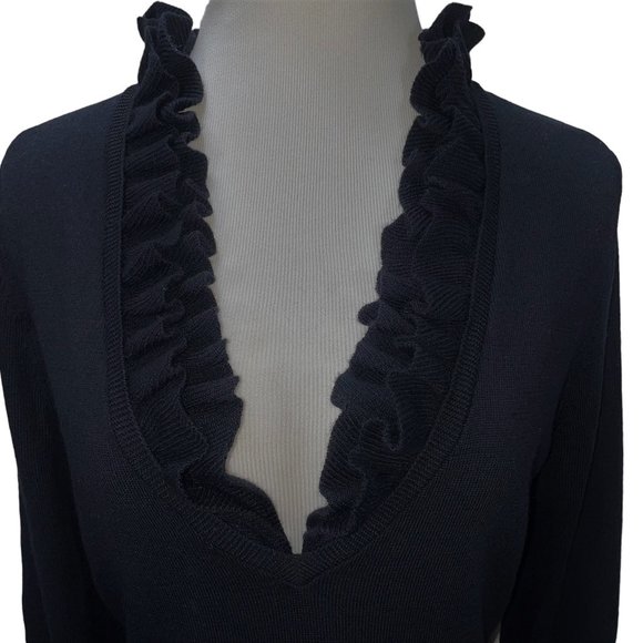 New Tory Burch Black Merino Wool Ruffle Neck Long Light Sweater Size M Tunic - Picture 10 of 10